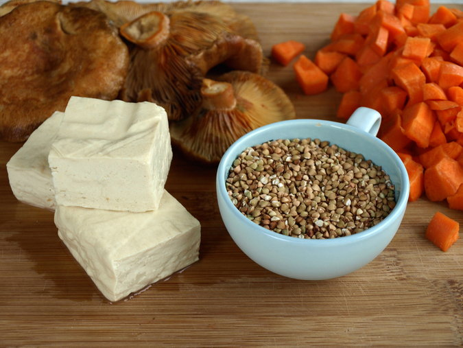 buckwheat kernels, tofu, carrot and pine mushrooms – ingredients for Japanese buckwheat soup