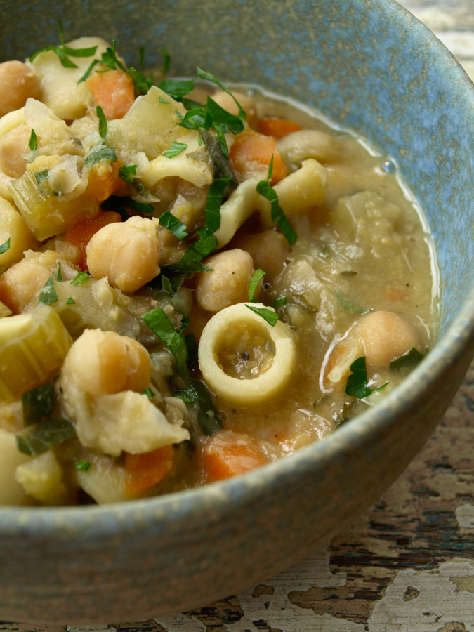 Italian chickpea soup with vegetables and short pasta