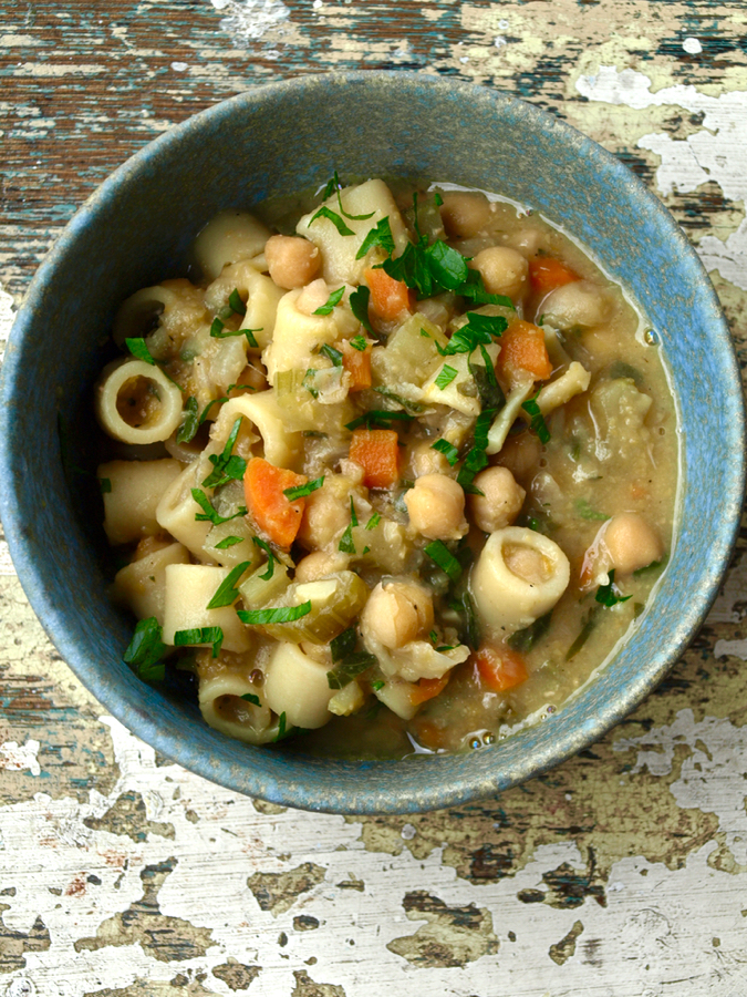 Italian chickpea soup with vegetables and short pasta