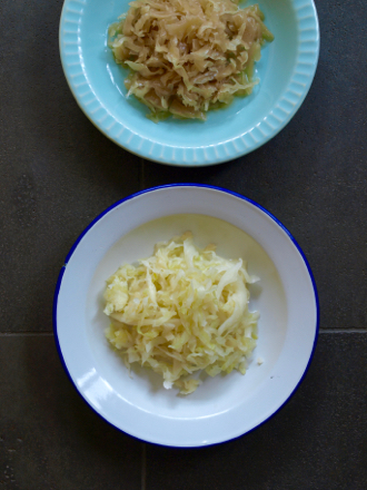 Homemade fresh sauerkraut (below) meets old sauerkraut